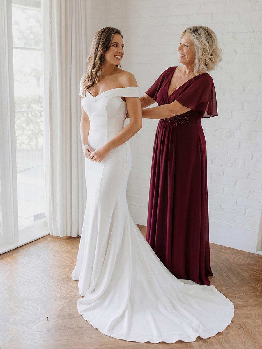 Elegant Chiffon Applique Evening Dress with Flutter Sleeves #color_Burgundy