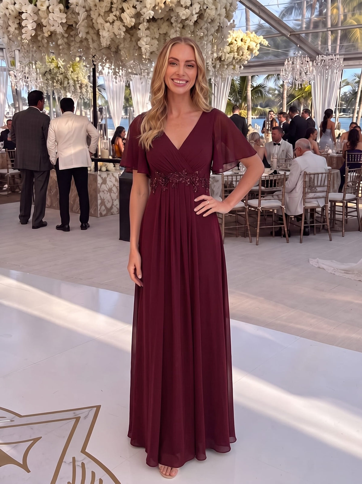 Elegant Chiffon Applique Evening Dress with Flutter Sleeves #color_Burgundy
