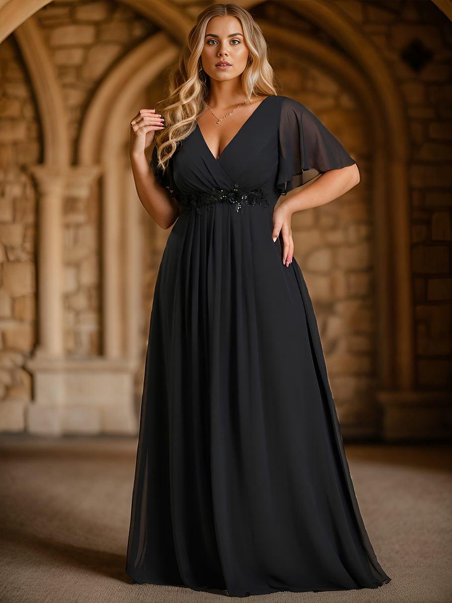 Elegant Chiffon Applique Wedding Guest Dress with Flutter Sleeves #color_Black