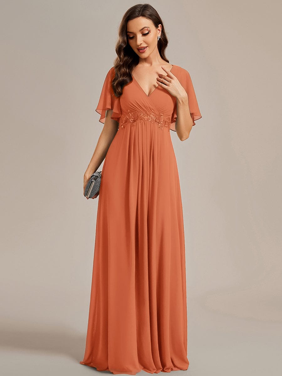 Elegant Chiffon Applique Evening Dress with Flutter Sleeves #color_Brandied Melon