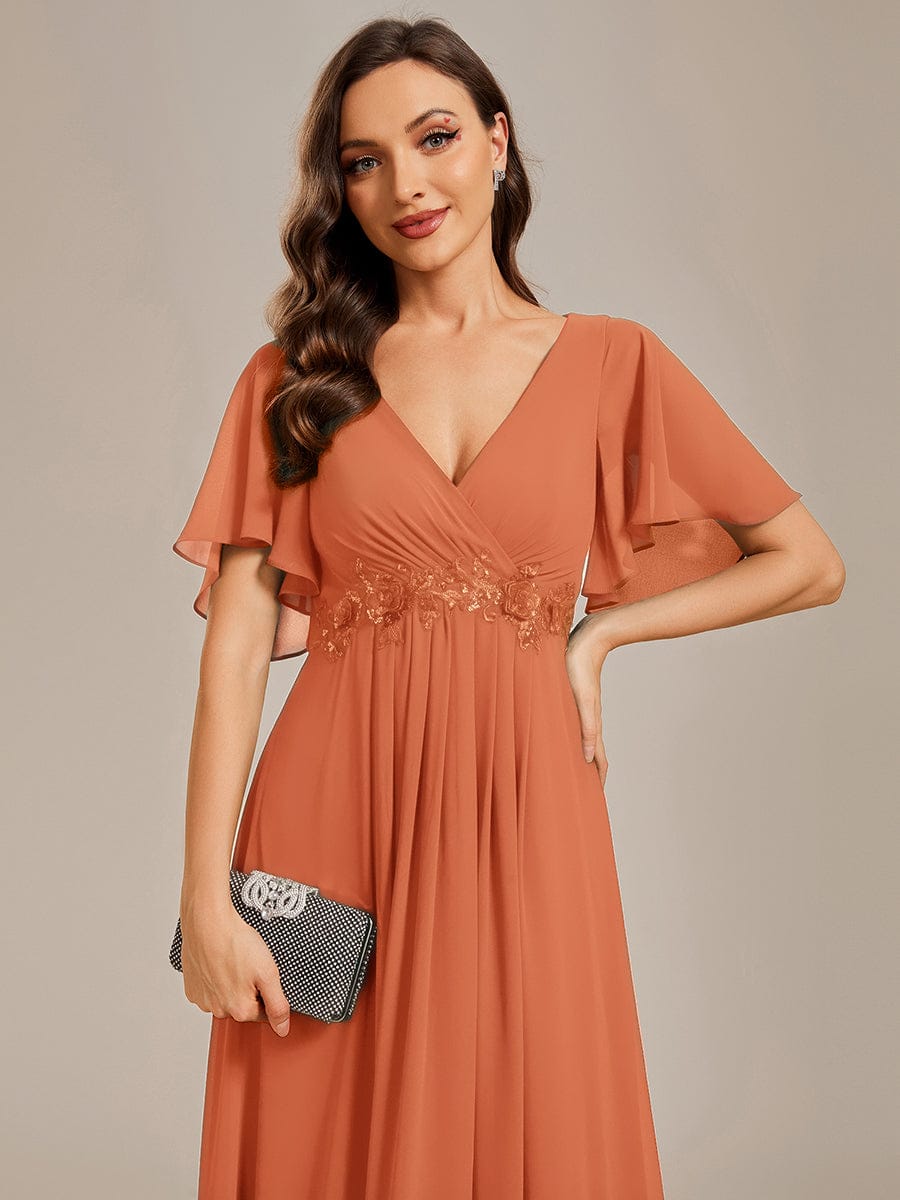 Elegant Chiffon Applique Evening Dress with Flutter Sleeves #color_Brandied Melon
