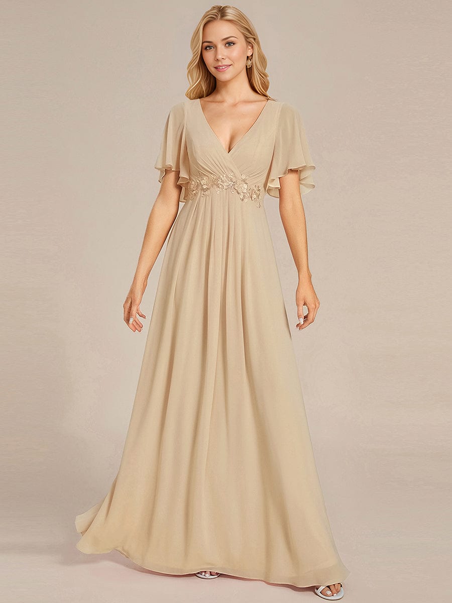 Elegant Chiffon Applique Evening Dress with Flutter Sleeves #color_Champagne
