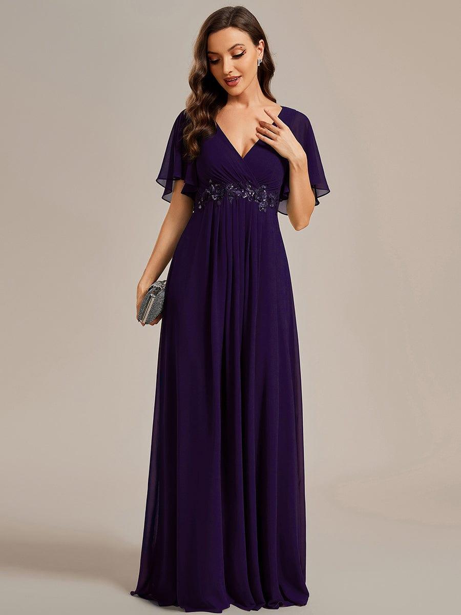 Elegant Chiffon Applique Wedding Guest Dress with Flutter Sleeves #color_Dark Purple