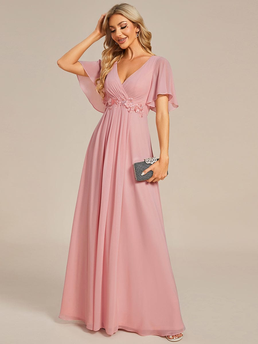 Elegant Chiffon Applique Evening Dress with Flutter Sleeves #color_Dusty Rose