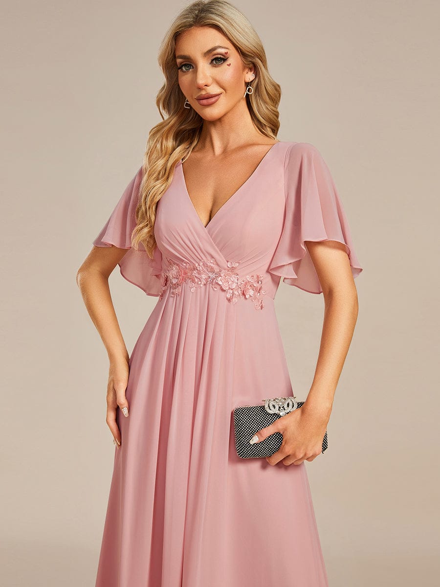 Elegant Chiffon Applique Evening Dress with Flutter Sleeves #color_Dusty Rose