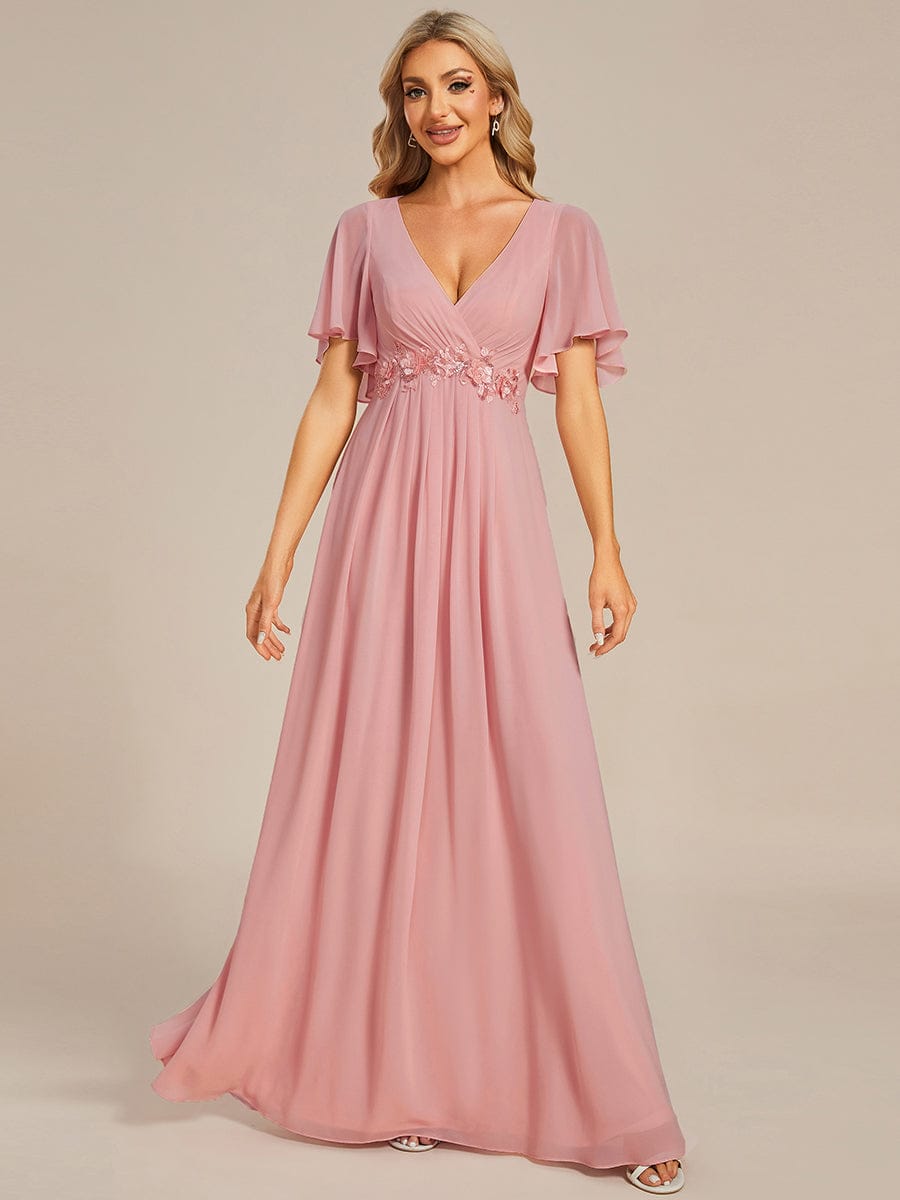 Elegant Chiffon Applique Evening Dress with Flutter Sleeves #color_Dusty Rose