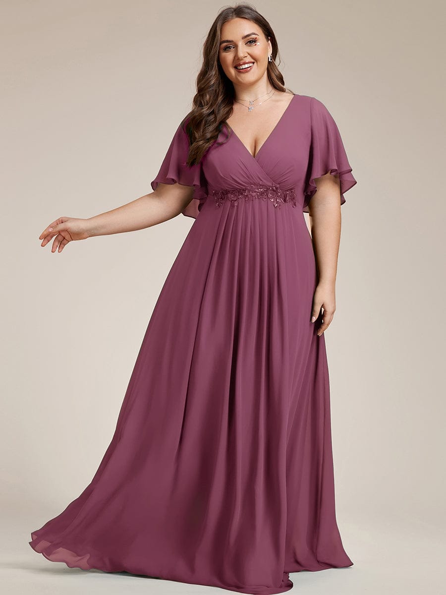 Elegant Chiffon Applique Evening Dress with Flutter Sleeves #color_Damson