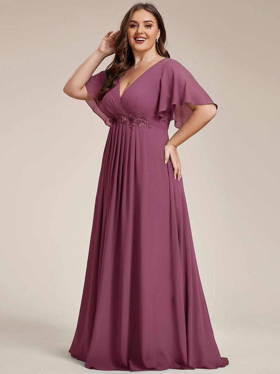 Plus Size Applique Short Sleeve A-Line Chiffon Evening Dress #color_Damson