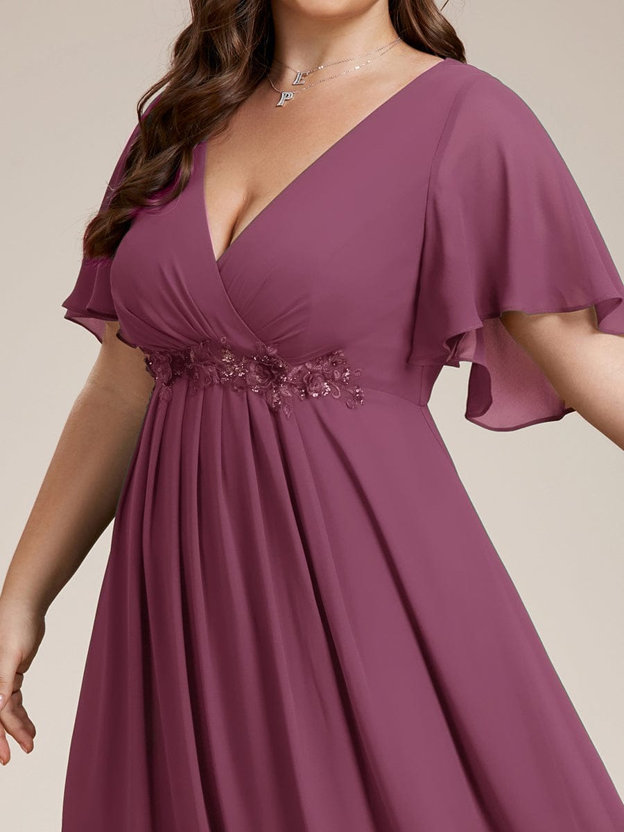 Plus Size Applique Short Sleeve A-Line Chiffon Evening Dress #color_Damson