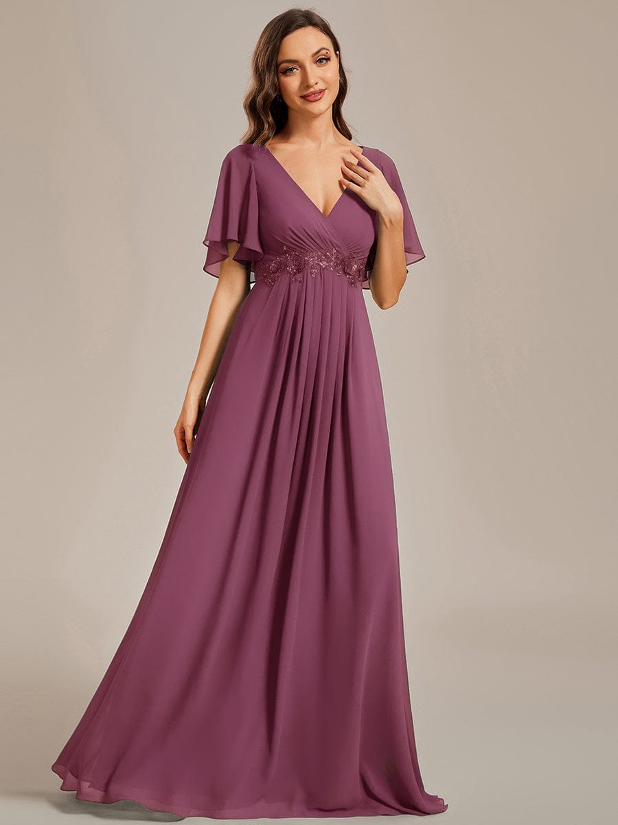 Elegant Chiffon Applique Evening Dress with Flutter Sleeves #color_Damson