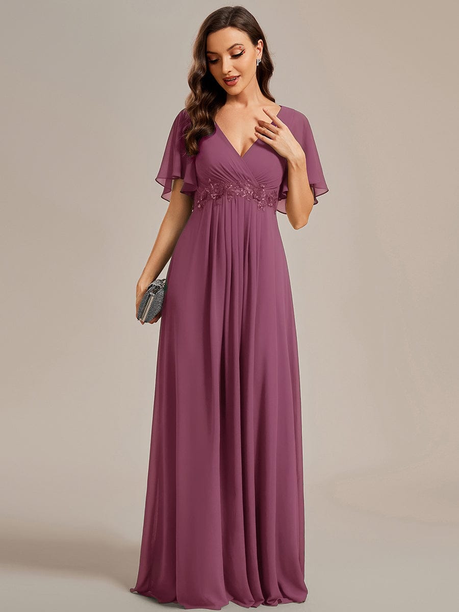 Elegant Chiffon Applique Evening Dress with Flutter Sleeves #color_Damson