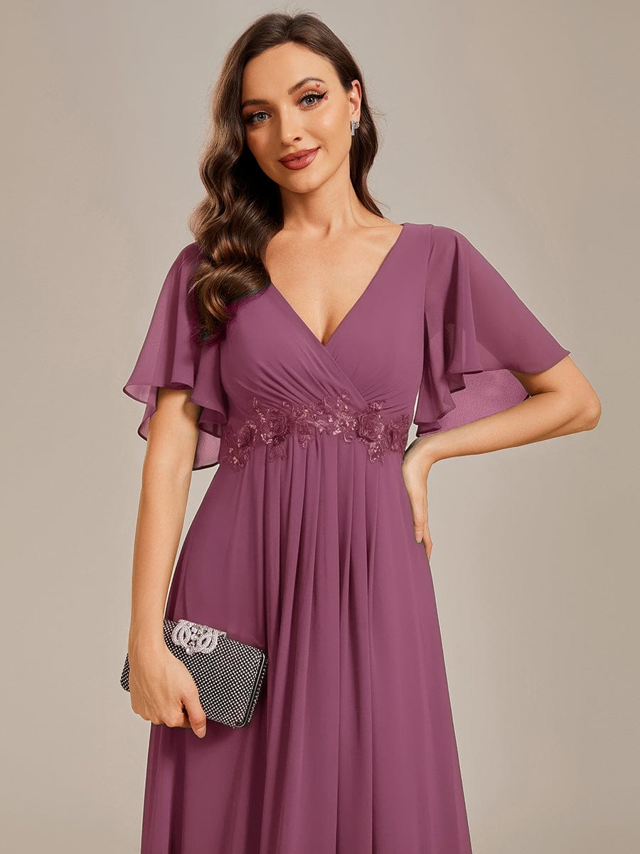 Elegant Chiffon Applique Evening Dress with Flutter Sleeves #color_Damson
