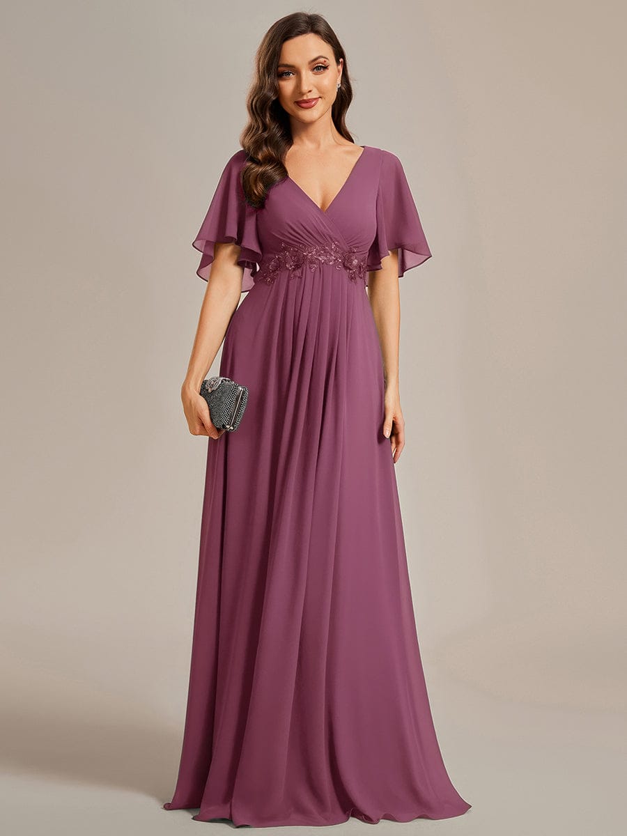 Elegant Chiffon Applique Evening Dress with Flutter Sleeves #color_Damson