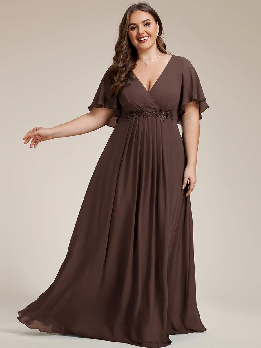 Plus Size Applique Short Sleeve A-Line Chiffon Evening Dress #color_Brandied Melon