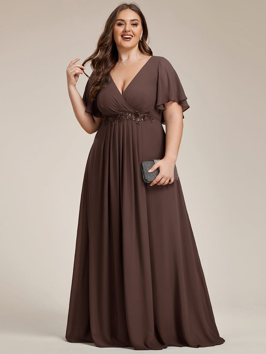 Elegant Chiffon Applique Evening Dress with Flutter Sleeves #color_Brandied Melon