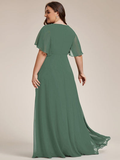 Plus Size Applique Short Sleeve A-Line Chiffon Evening Dress #color_Eucalyptus Green