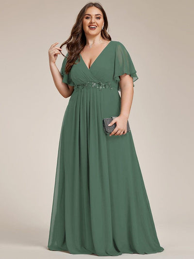 Plus Size Applique Short Sleeve A-Line Chiffon Evening Dress #color_Eucalyptus Green