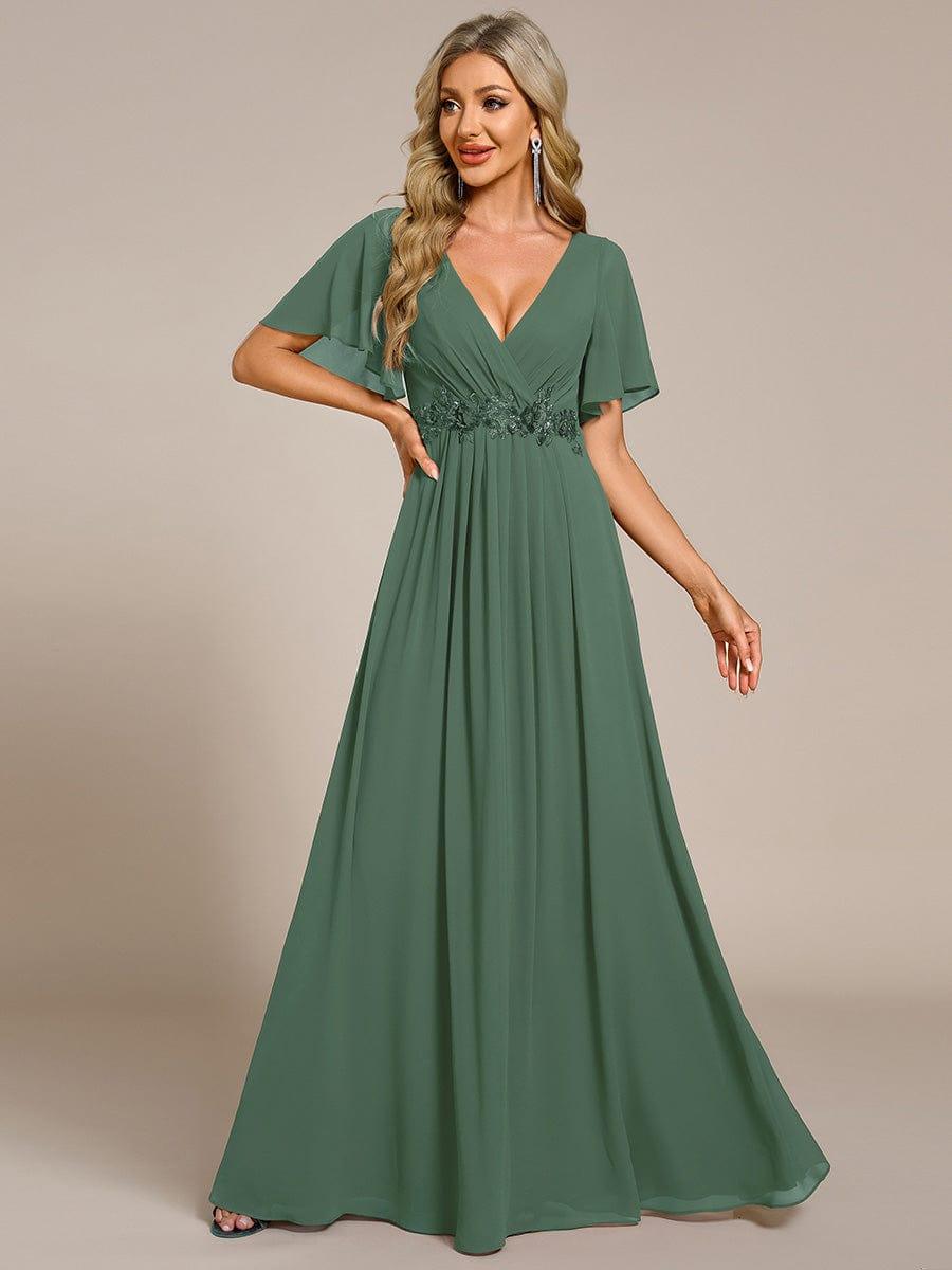 Elegant Chiffon Applique Wedding Guest Dress with Flutter Sleeves #color_Eucalyptus Green