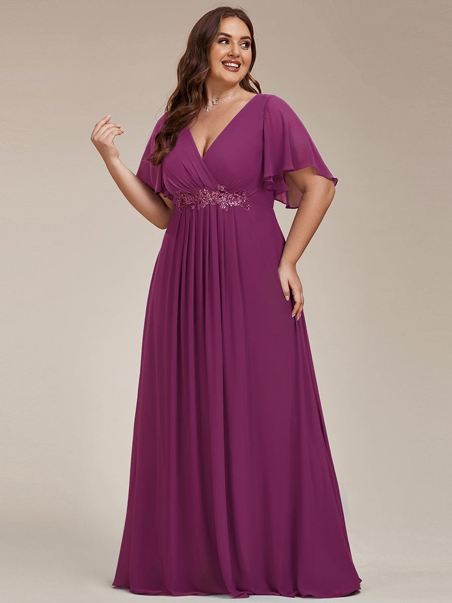 Elegant Chiffon Applique Evening Dress with Flutter Sleeves #color_Fuchsia