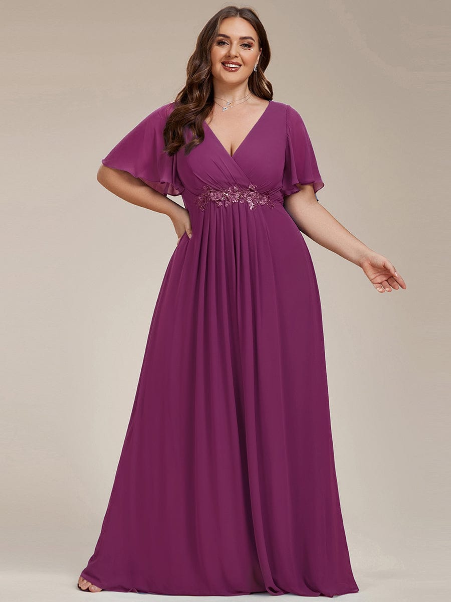 Elegant Chiffon Applique Evening Dress with Flutter Sleeves #color_Fuchsia