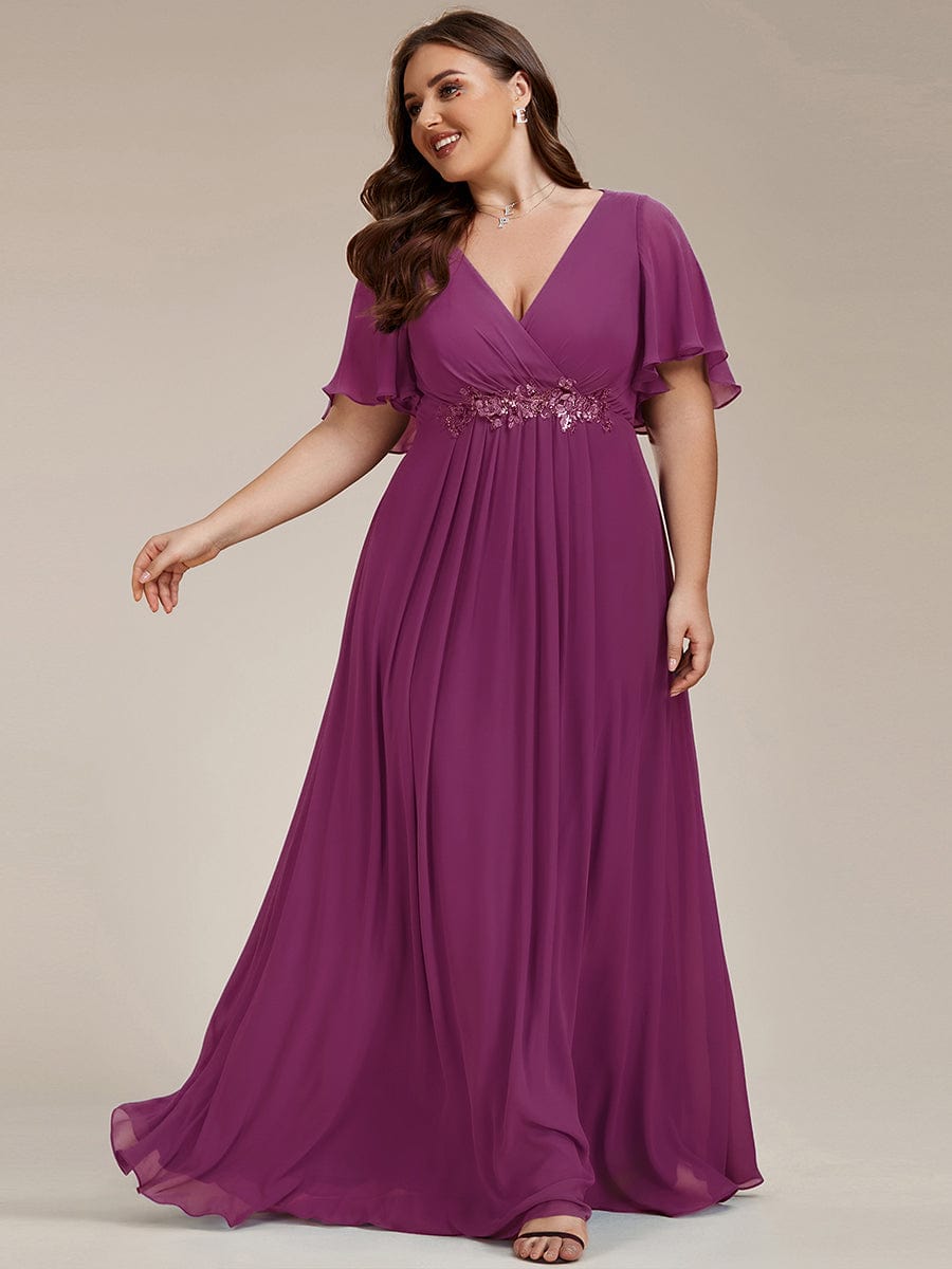 Elegant Chiffon Applique Evening Dress with Flutter Sleeves #color_Fuchsia