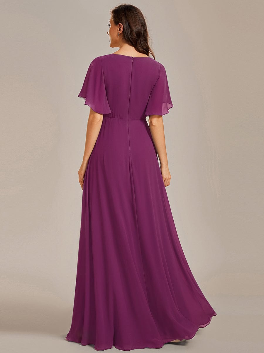 Elegant Chiffon Applique Evening Dress with Flutter Sleeves #color_Fuchsia