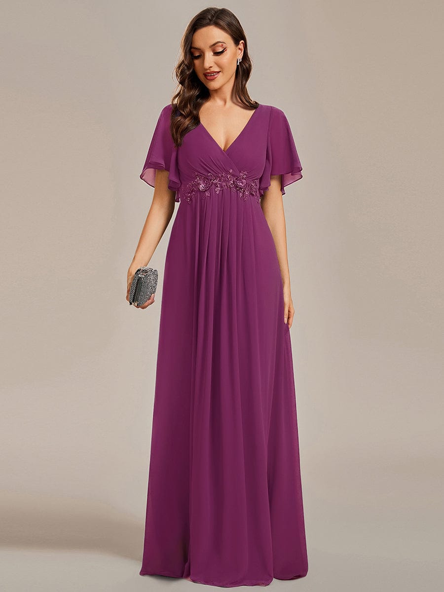 Elegant Chiffon Applique Evening Dress with Flutter Sleeves #color_Fuchsia
