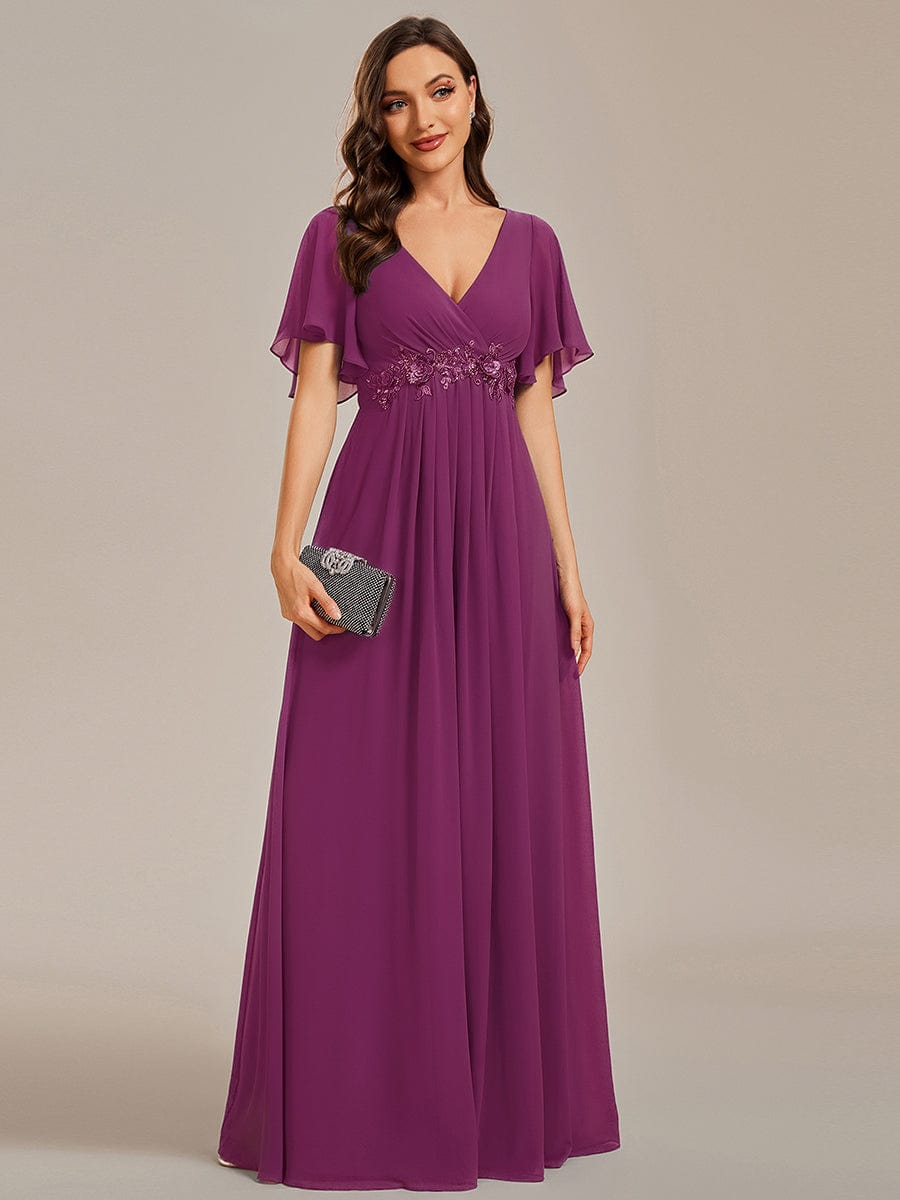 Elegant Chiffon Applique Evening Dress with Flutter Sleeves #color_Fuchsia