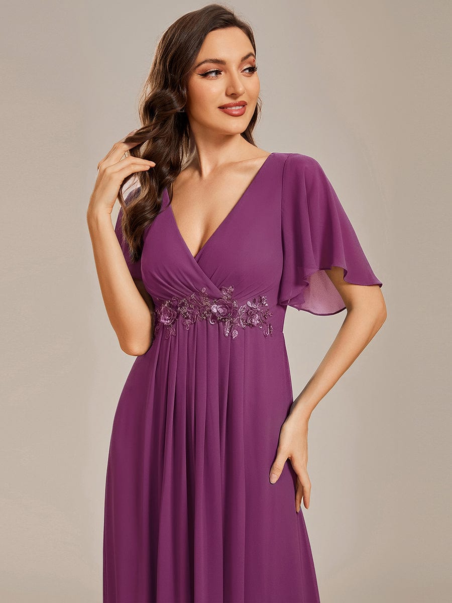 Elegant Chiffon Applique Evening Dress with Flutter Sleeves #color_Fuchsia