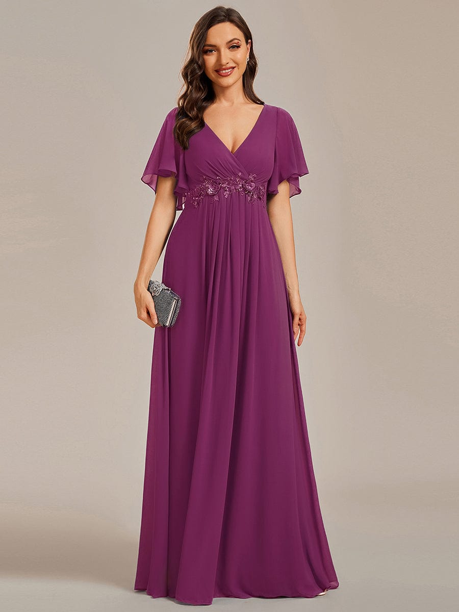 Elegant Chiffon Applique Evening Dress with Flutter Sleeves #color_Fuchsia