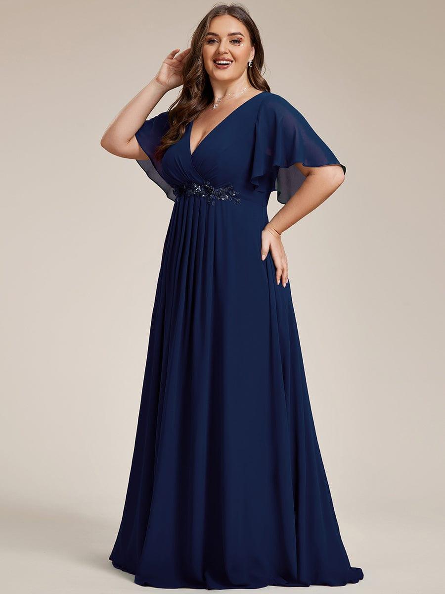 Elegant Chiffon Applique Wedding Guest Dress with Flutter Sleeves #color_Navy Blue