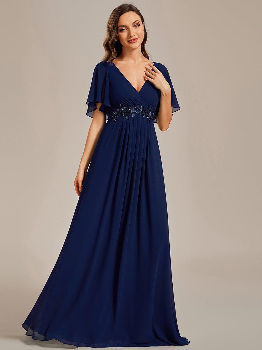 Elegant Chiffon Applique Wedding Guest Dress with Flutter Sleeves #color_Navy Blue