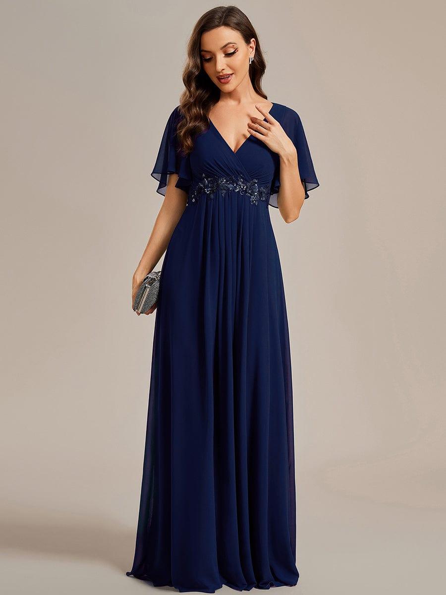 Elegant Chiffon Applique Wedding Guest Dress with Flutter Sleeves #color_Navy Blue