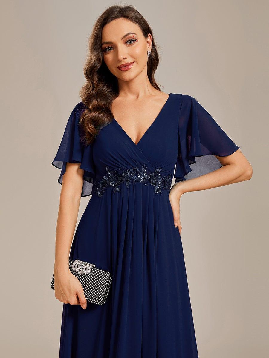 Elegant Chiffon Applique Wedding Guest Dress with Flutter Sleeves #color_Navy Blue