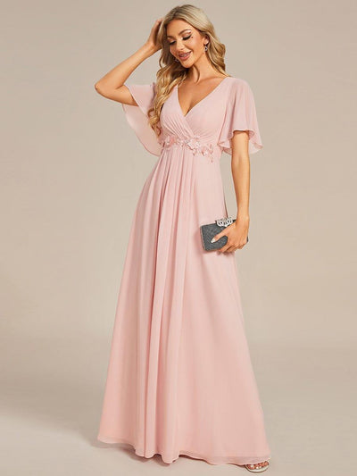 Elegant Chiffon Applique Wedding Guest Dress with Flutter Sleeves #color_Pink