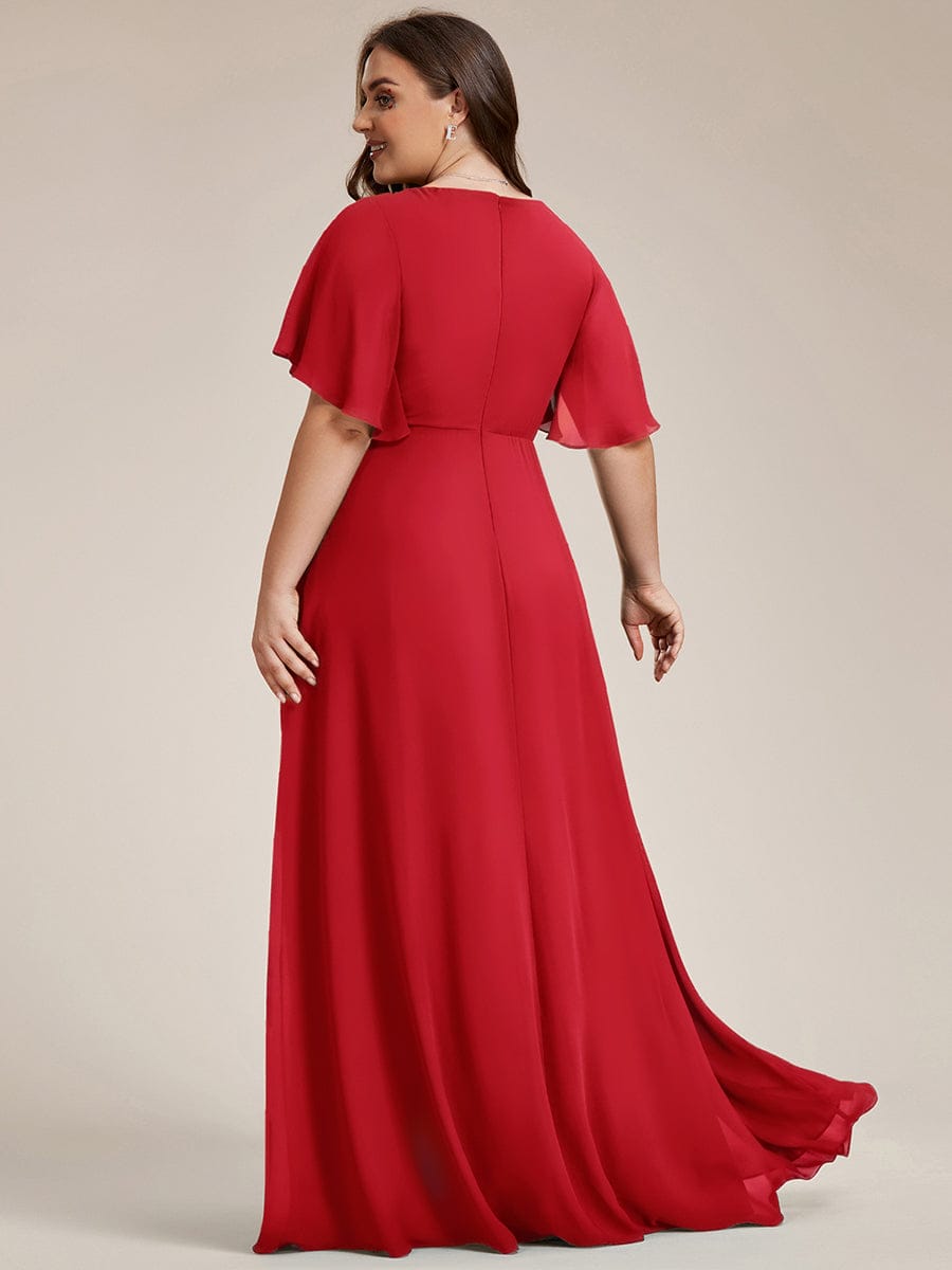 Plus Size Applique Short Sleeve A-Line Chiffon Evening Dress #color_Red