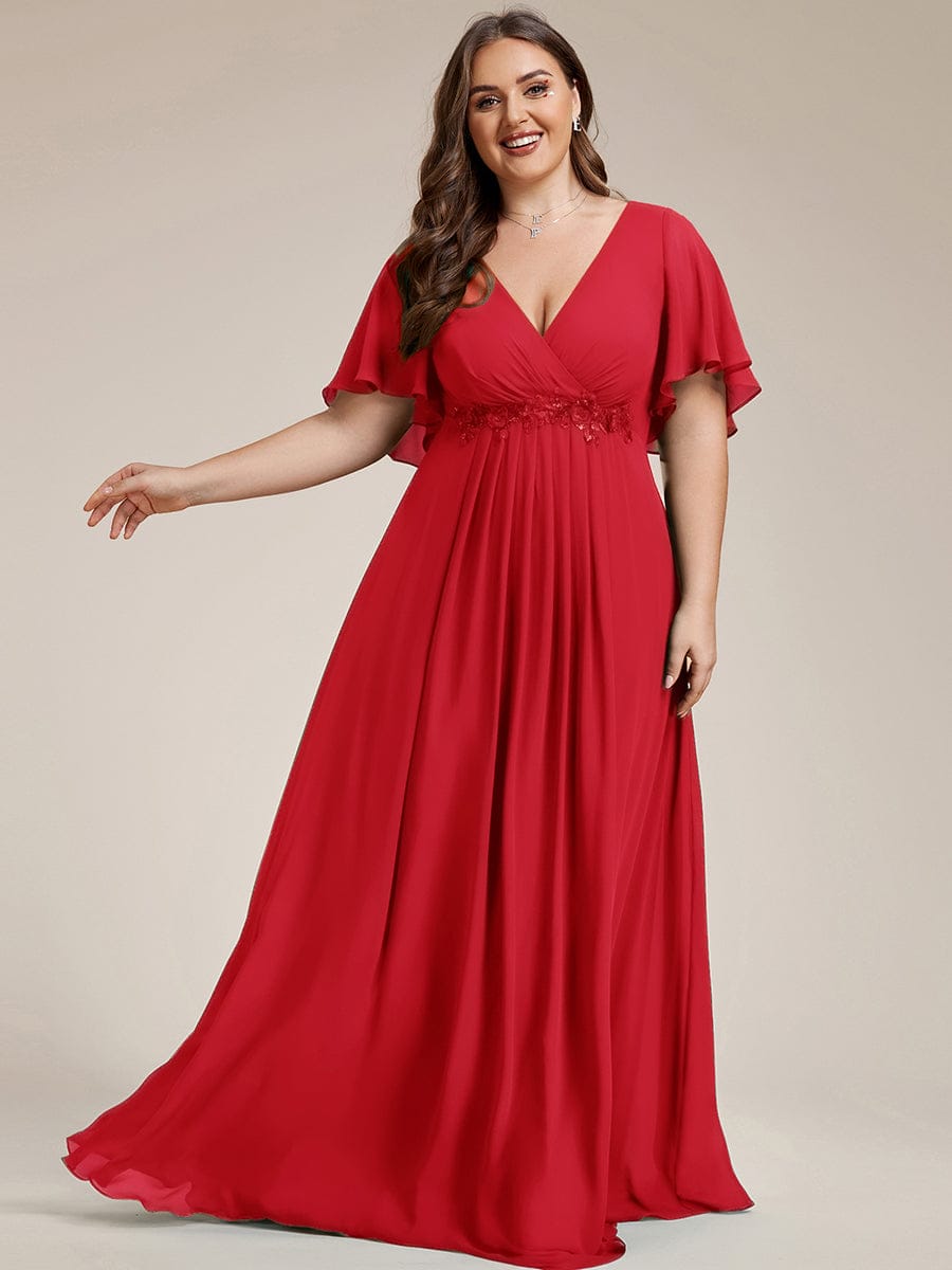 Elegant Chiffon Applique Evening Dress with Flutter Sleeves #color_Red