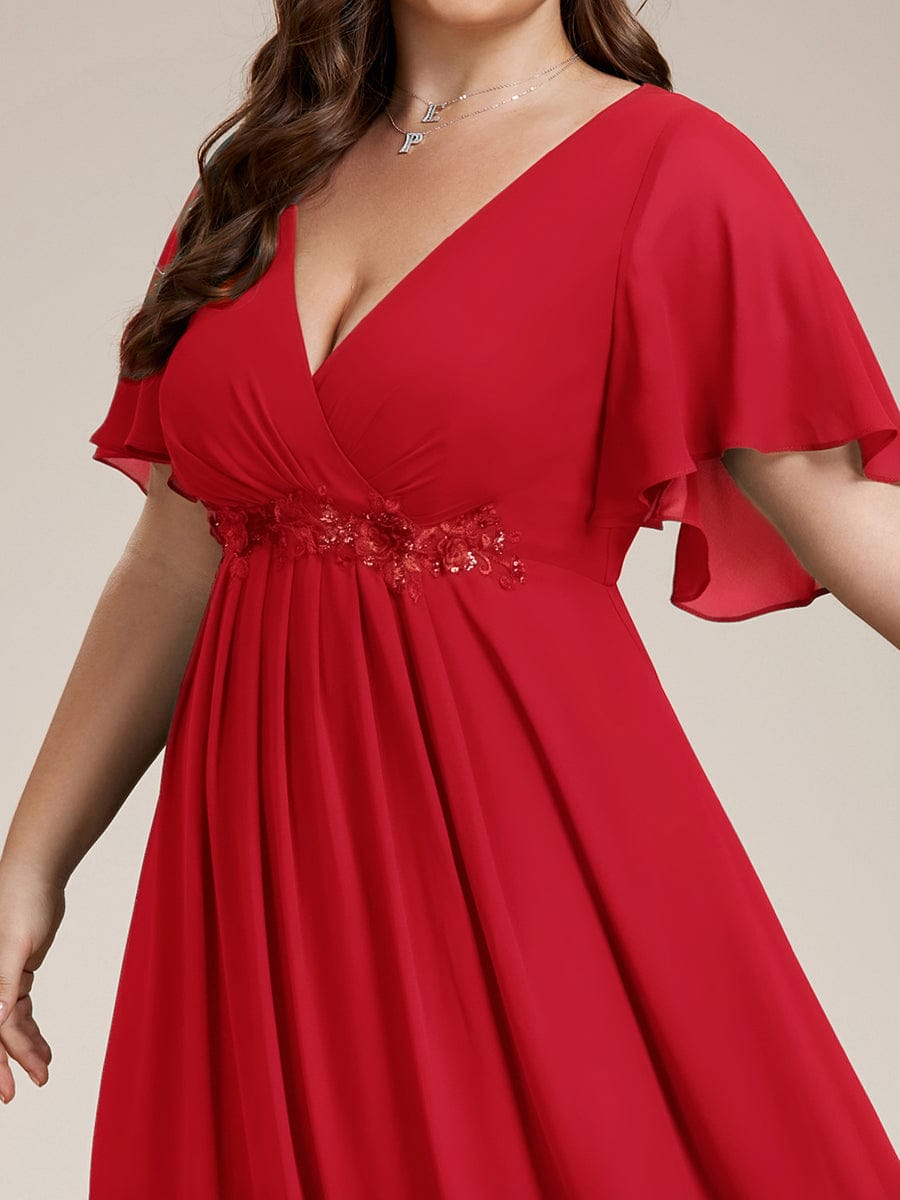Elegant Chiffon Applique Evening Dress with Flutter Sleeves #color_Red