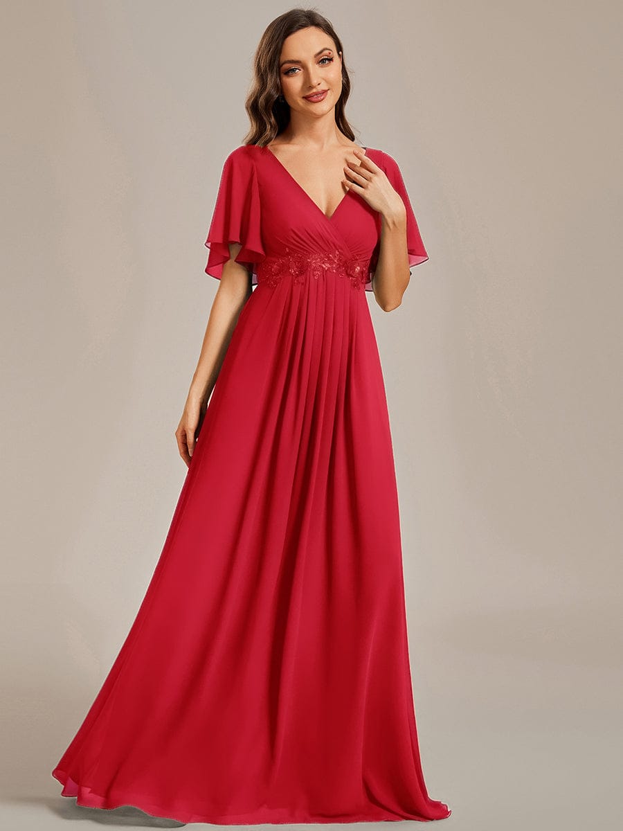 Elegant Chiffon Applique Evening Dress with Flutter Sleeves #color_Red