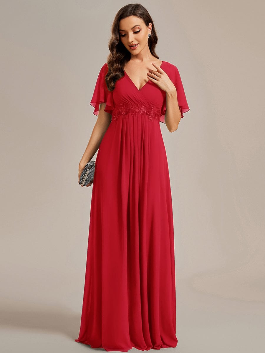 Elegant Chiffon Applique Evening Dress with Flutter Sleeves #color_Red