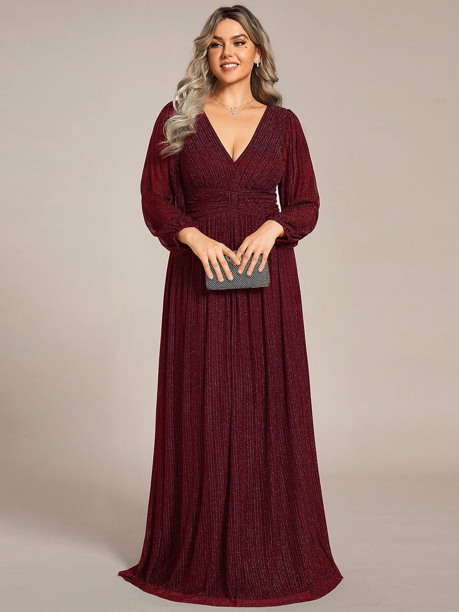 Sparkle Long Sleeve Formal Evening Dress with A-line Silhouette #color_Burgundy