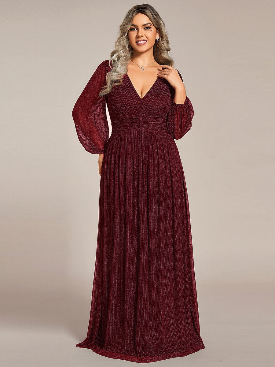 Sparkle Long Sleeve Formal Evening Dress with A-line Silhouette #color_Burgundy