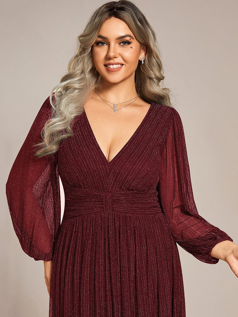 Sparkle Long Sleeve Formal Evening Dress with A-line Silhouette #color_Burgundy