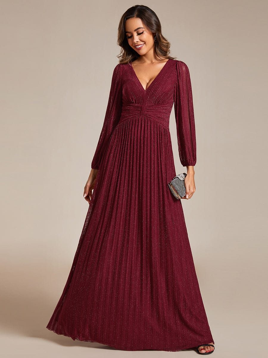 Sparkle Long Sleeve Formal Evening Dress with A-line Silhouette #color_Burgundy