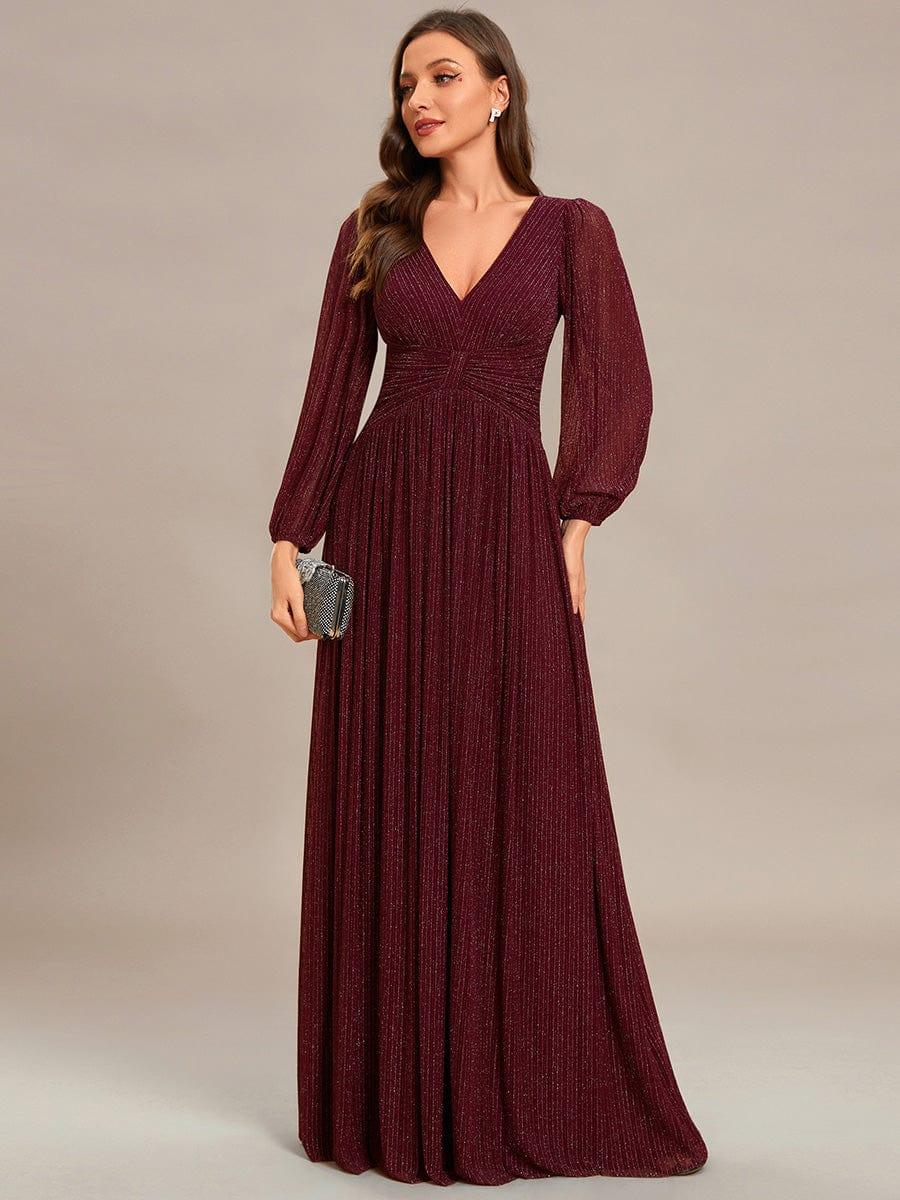 Sparkle Long Sleeve Wedding Guest Dress with A-line Silhouette #color_Burgundy
