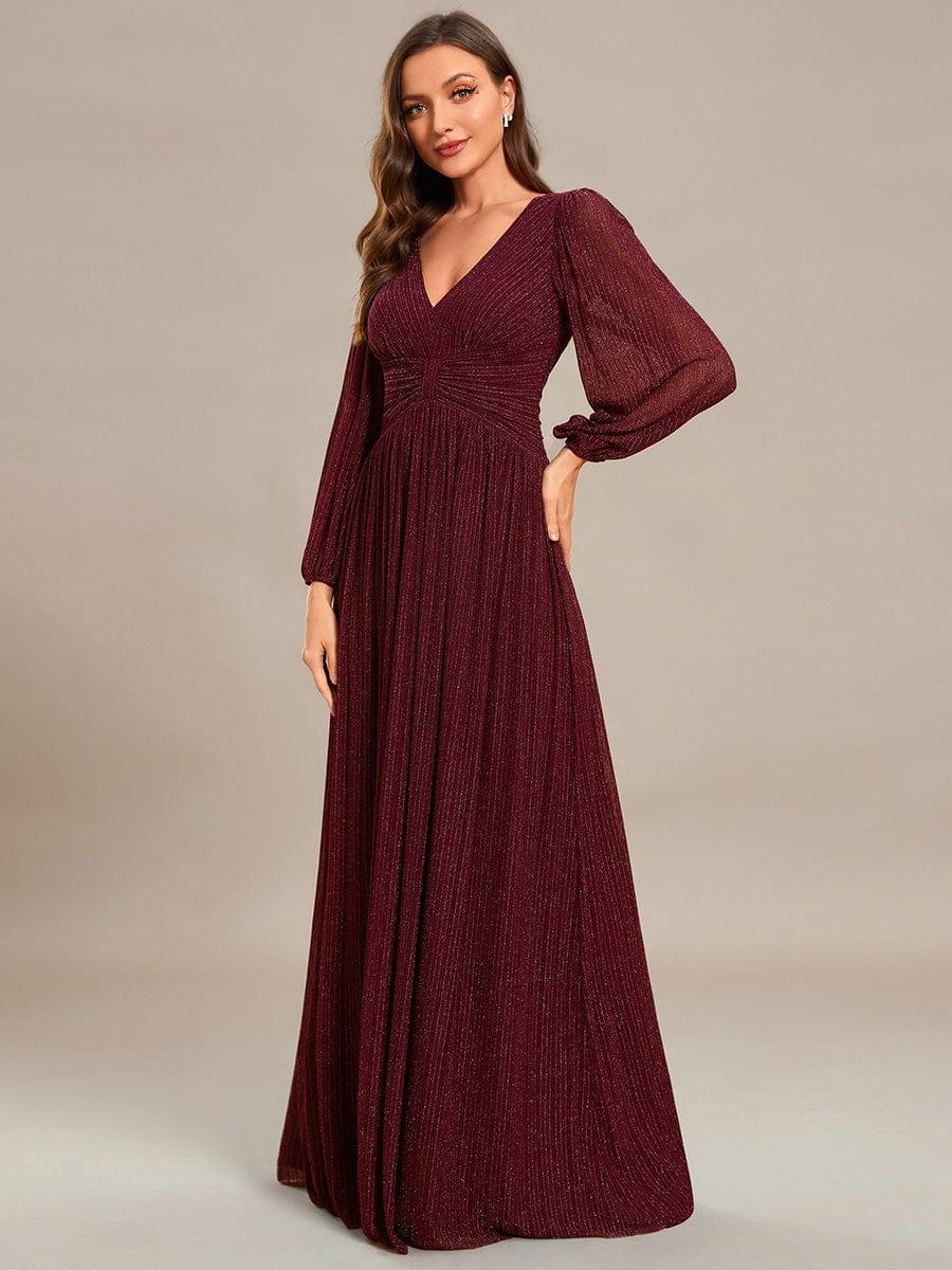 Sparkle Long Sleeve Wedding Guest Dress with A-line Silhouette #color_Burgundy