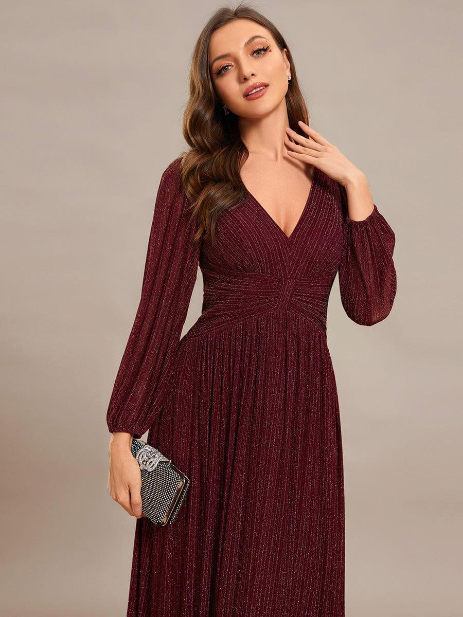 Sparkle Long Sleeve Wedding Guest Dress with A-line Silhouette #color_Burgundy