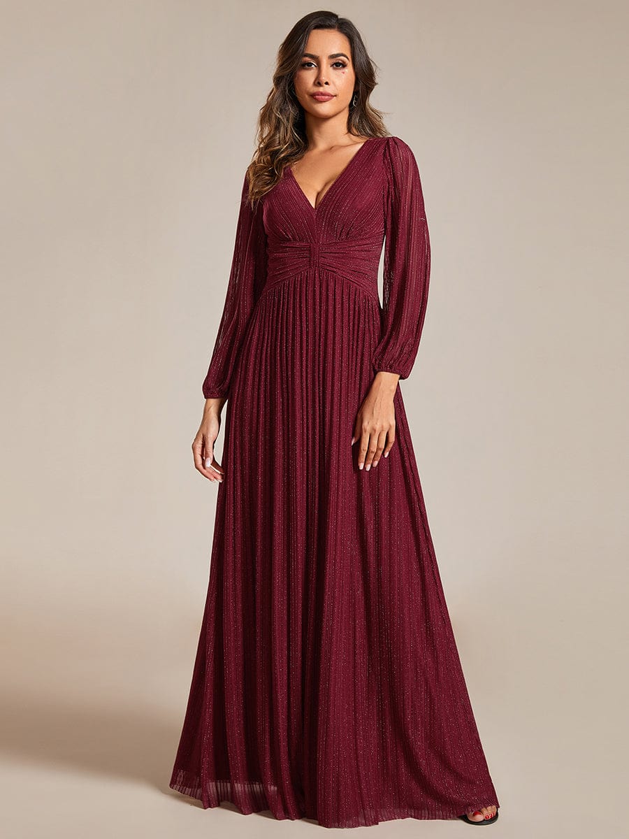 Sparkle Long Sleeve Formal Evening Dress with A-line Silhouette #color_Burgundy