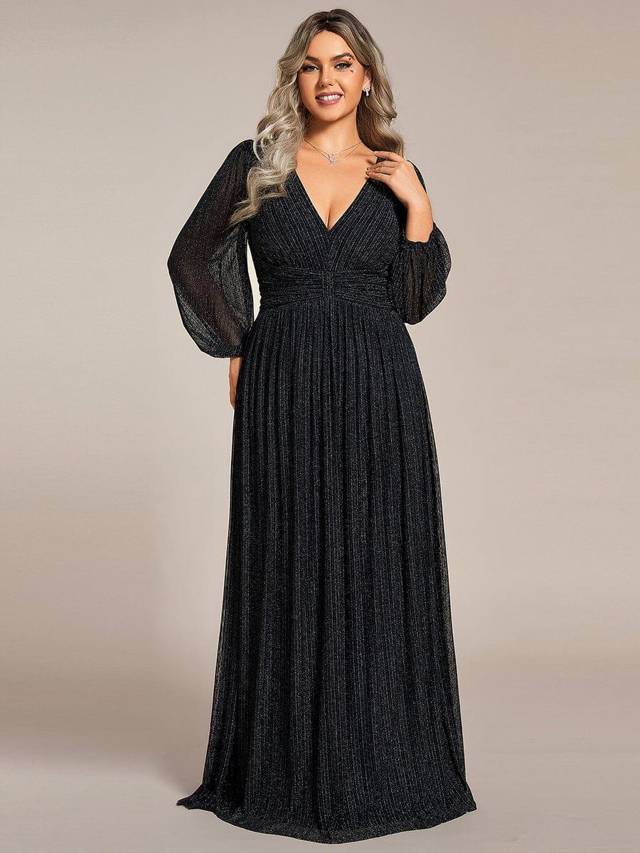 Sparkle Long Sleeve Wedding Guest Dress with A-line Silhouette #color_Black