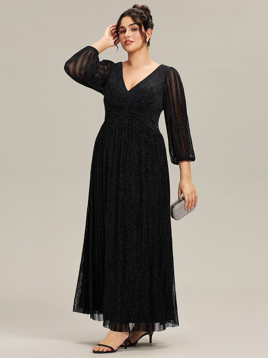 Plus Size Long Sleeve Shimmery Evening Dress with Flowing Pleats